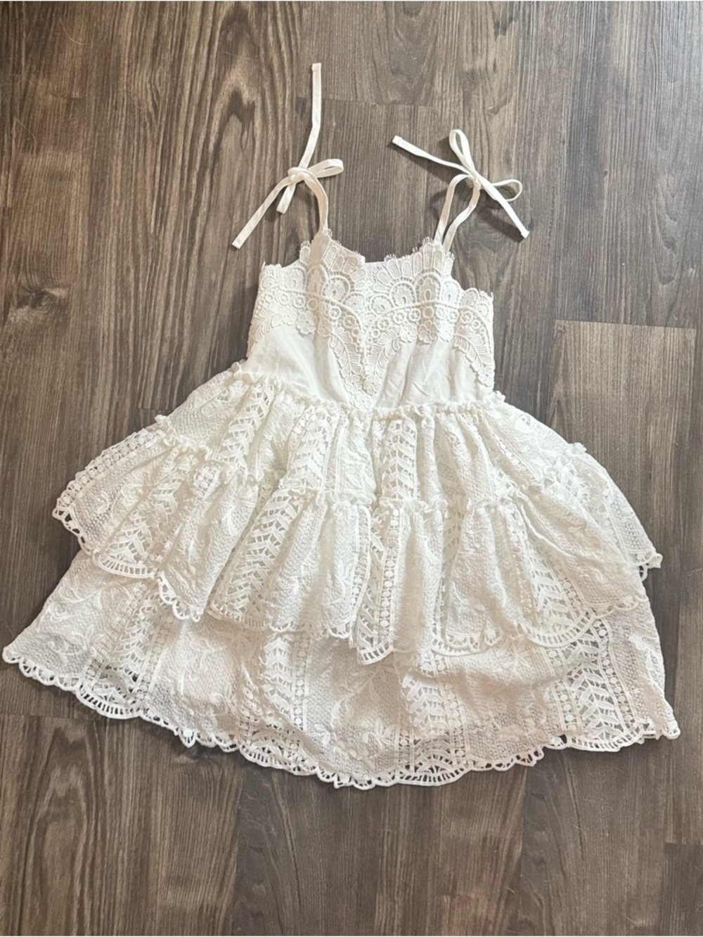 Girls Cottagecore Coquette White Lace Tiered Dress Tie Straps Size 8